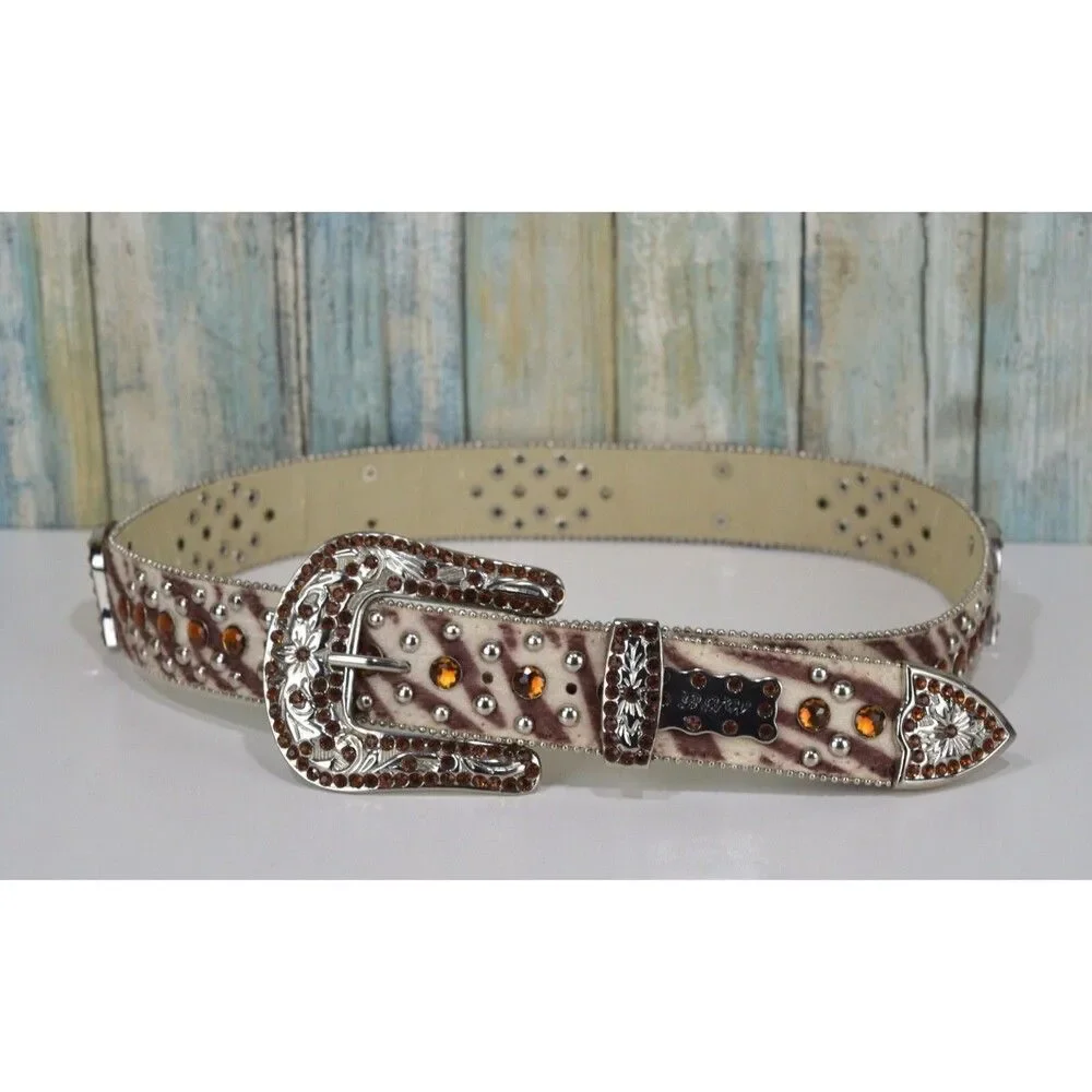 BHW Rhinestone Western Belt Brown Cow Hair Size M 32 Conch Jewel Gemstone Buckle